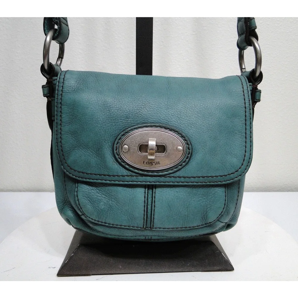Fossil‎ Long Live Vintage 1954 Teal Leather Crossbody Bag Turnlock Small